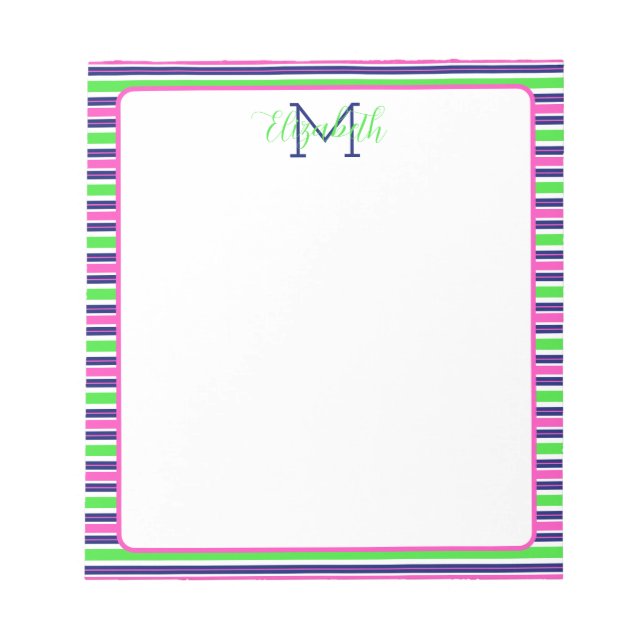 Preppy Pink Green Navy Blue Stripe Monogram Notepad (Front)