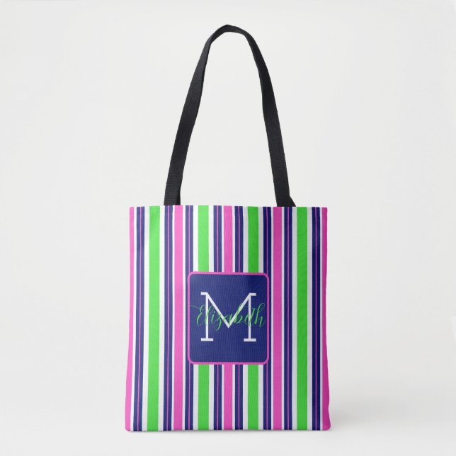 Preppy Pink Green Navy Blue Stripe Monogram Tote Bag (Front)