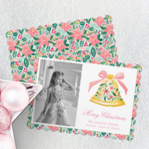 Preppy Pink & Green Palm Beach Christmas Bell Holiday Card