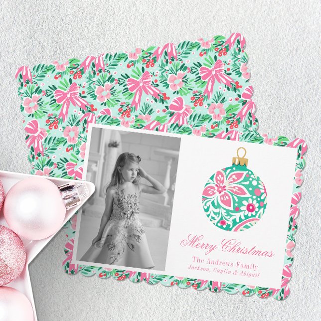 Preppy Pink & Green Palm Beach Christmas Ornament Holiday Card (Creator Uploaded)