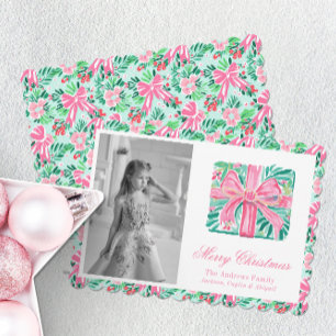 Preppy Pink & Green Palm Beach Christmas Present Holiday Card