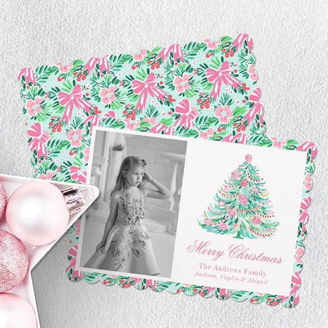 Preppy Pink & Green Palm Beach Christmas Tree Holiday Card (Creator Uploaded)