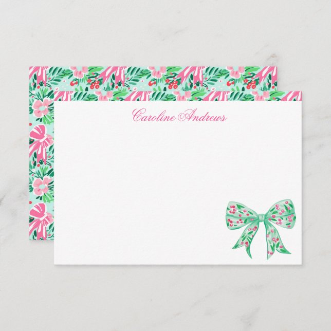 Preppy Pink & Green Palm Beach Holly Bow Thank You Card (Front/Back)