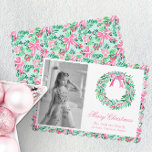 Preppy Pink & Green Palm Beach Wreath Photo Holiday Card<br><div class="desc">PreppyPrint.com - Celebrate Christmas in style! Add your personalised touch to these Christmas cards. Transfer this design onto the products of your choice too! Click "remove from back of card" under "Logo & Independent Creator Mark" to remove the QR code from the back of the card. Please visit my designer...</div>