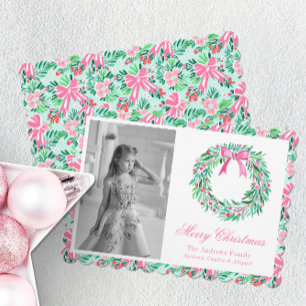 Preppy Pink & Green Palm Beach Wreath Photo Holiday Card