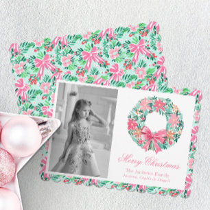 Preppy Pink & Green Palm Beach Wreath Photo Holiday Card