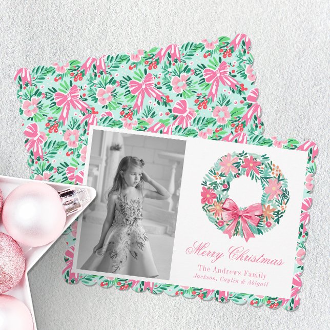 Preppy Pink & Green Palm Beach Wreath Photo Holiday Card (Creator Uploaded)