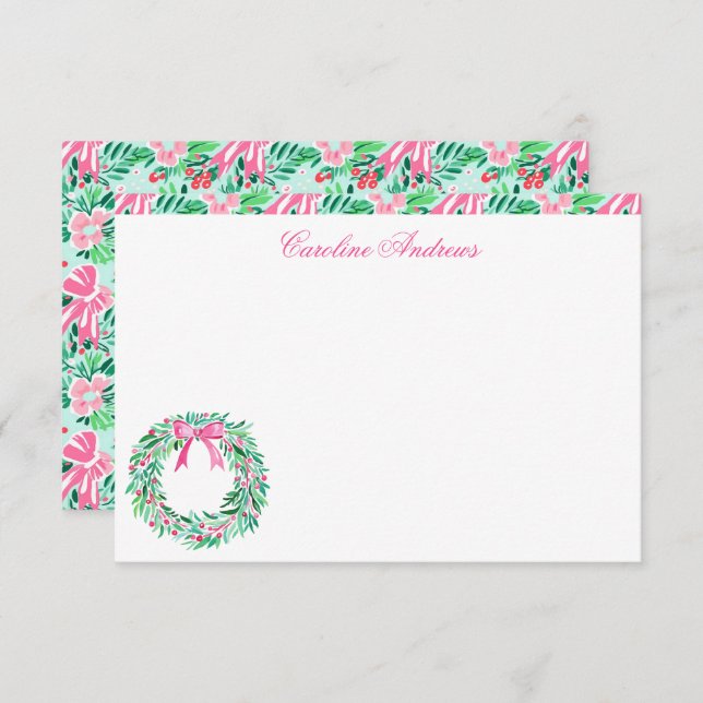 Preppy Pink & Green Palm Beach Wreath Thank You Card (Front/Back)