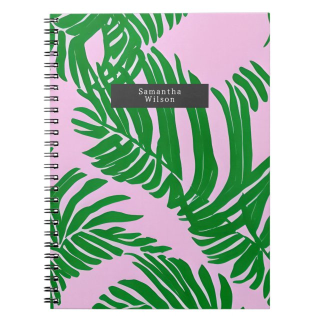 Preppy Pink & Green Palm Leaves Notebook (Front)