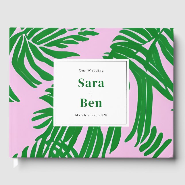 Preppy Pink + Green Palm Tree Wedding Guest Book (Front)