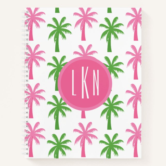 Preppy Pink & Green Palm Trees Monogram Notebook (Front)