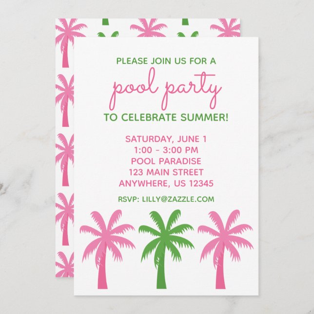 Preppy Pink & Green Palm Trees Party Invitations (Front/Back)