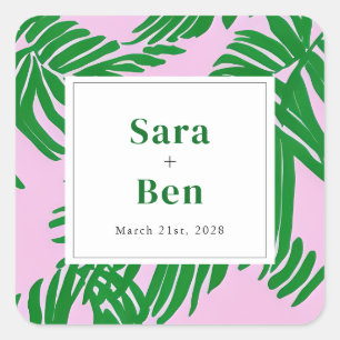 Preppy Pink + Green Palm Trees Wedding Square Sticker