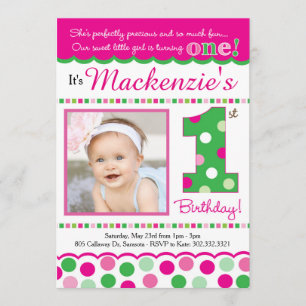 Preppy Pink & Green Polka Dot First Birthday Invitation