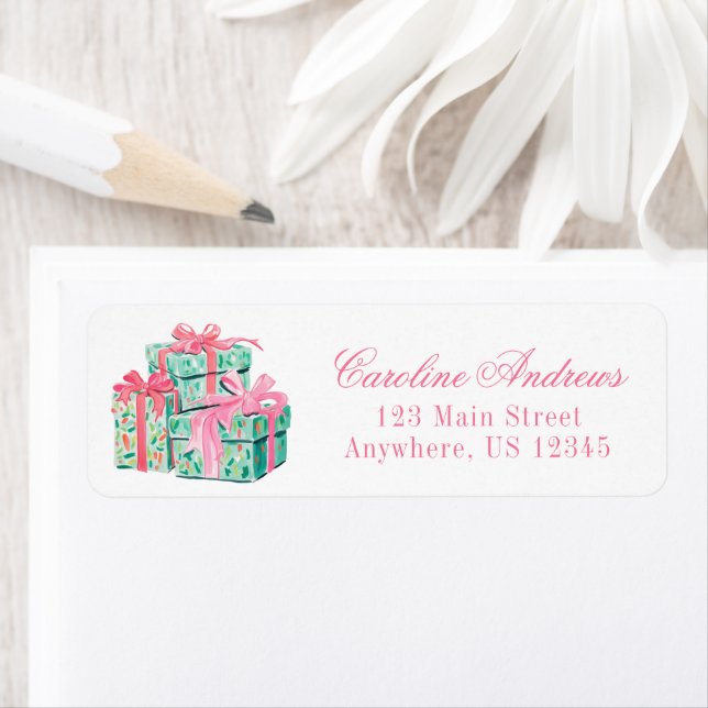 Preppy Pink & Green Presents Return Address Label (Insitu)