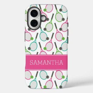 Preppy Pink Green Teal Tennis Pattern Personalised iPhone 16 Case
