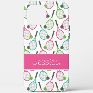 Preppy Pink Green Teal Tennis Pattern Personalised iPhone 12 Pro Max Case