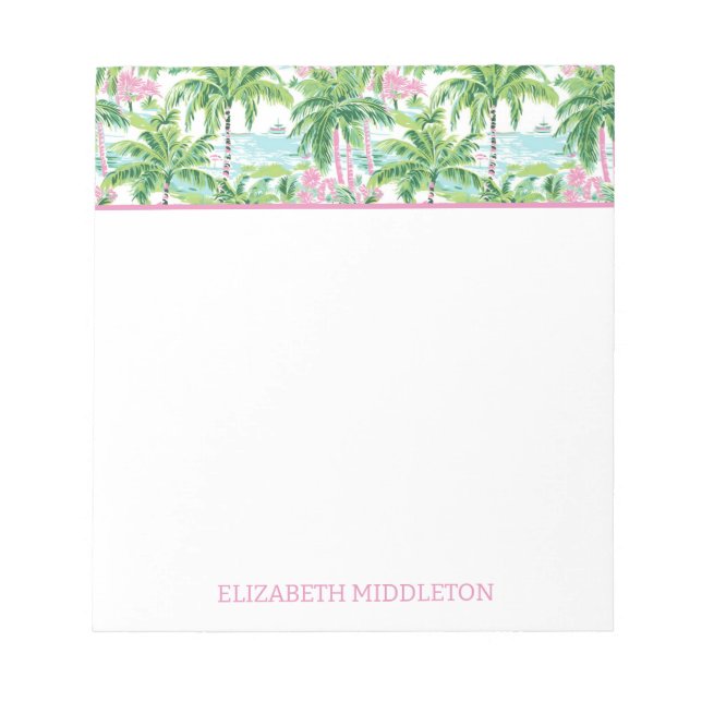 Preppy Pink Green Tropical Palm Tree Personalised Notepad (Front)