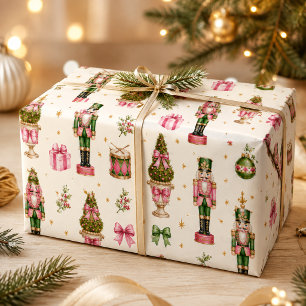 Preppy Pink Green Watercolor Nutcracker Christmas Wrapping Paper