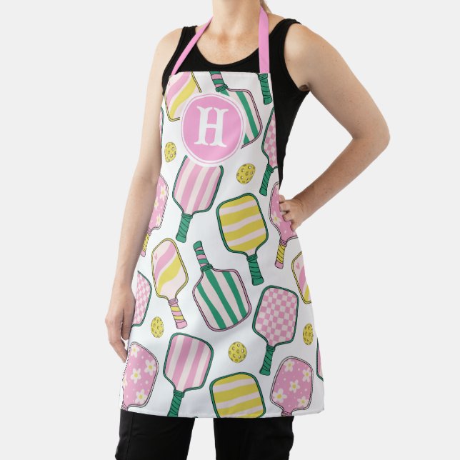 Preppy Pink Green & Yellow Pickleball Monogram Apron (Insitu)