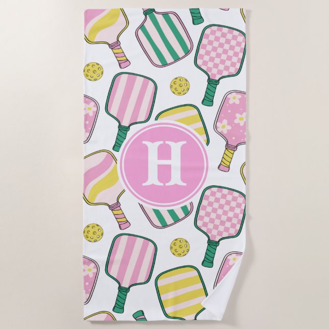 Preppy Pink Green & Yellow Pickleball Monogram Beach Towel (Front)