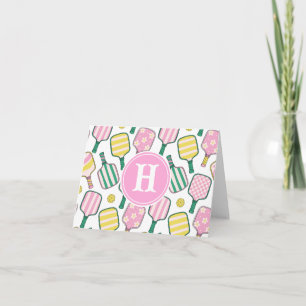 Preppy Pink Green Yellow Pickleball Monogram Note Card