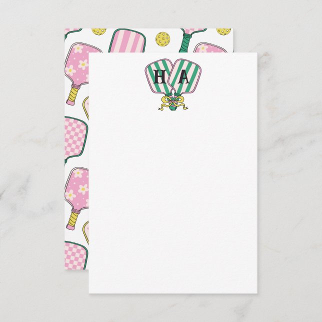 Preppy Pink Green & Yellow Pickleball Monogram Thank You Card (Front/Back)