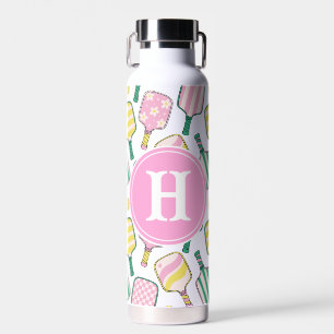 Preppy Pink Green & Yellow Pickleball Monogram Water Bottle