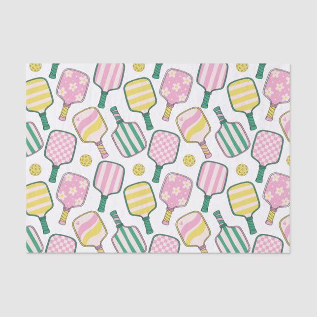 Preppy Pink Green & Yellow Pickleball Paddles Tissue Paper (Front)