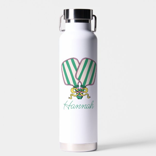 Preppy Pink Green & Yellow Pickleball Paddles Water Bottle (Front)