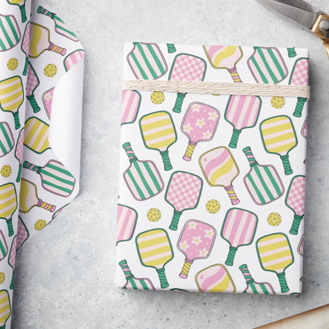 Preppy Pink Green & Yellow Pickleball Paddles Wrapping Paper (Creator Uploaded)
