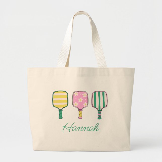 Preppy Pink Green Yellow Pickleball Personalised Large Tote Bag (Front)