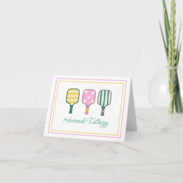 Preppy Pink Green Yellow Pickleball Personalised Note Card (Front)
