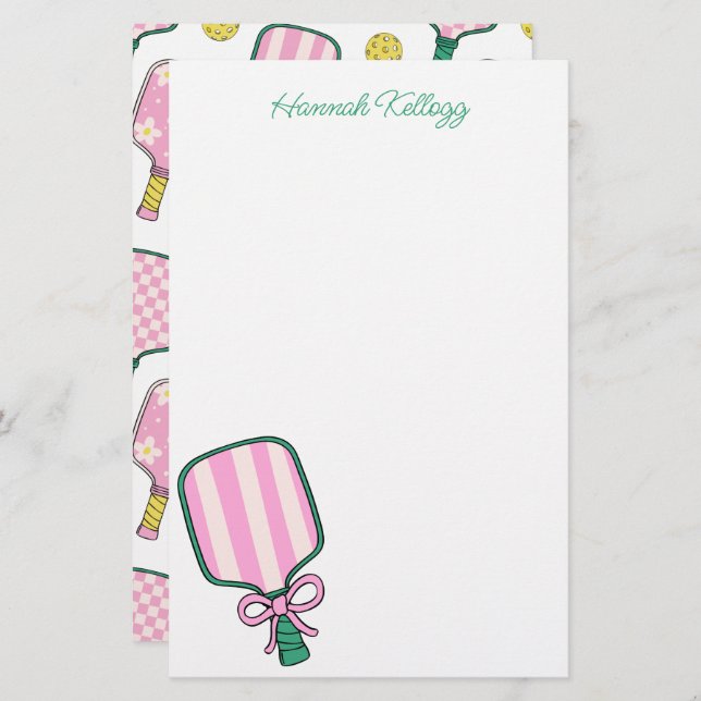 Preppy Pink Green & Yellow Pickleball Personalised Stationery (Front/Back)