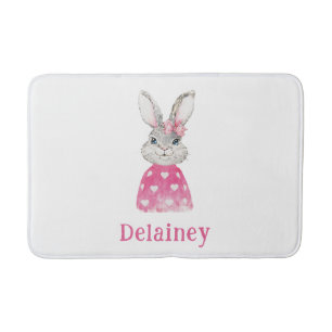 Preppy Pink Heart Bow Bunny Personalised Bath Mat