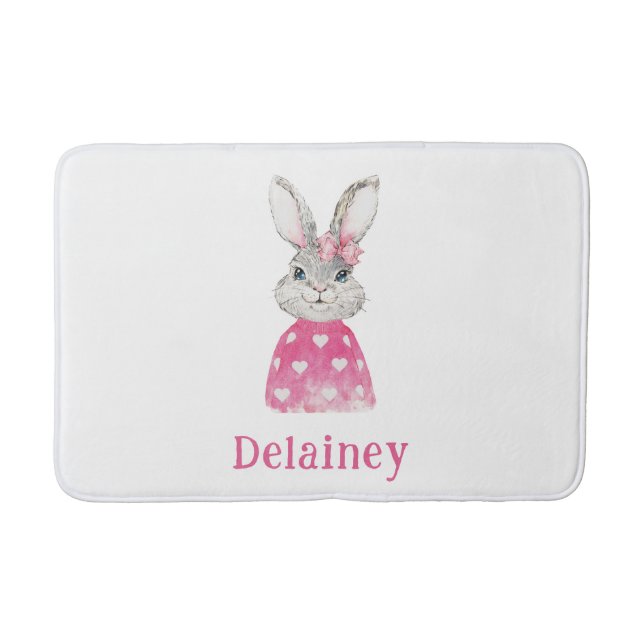 Preppy Pink Heart Bow Bunny Personalised Bath Mat (Front)