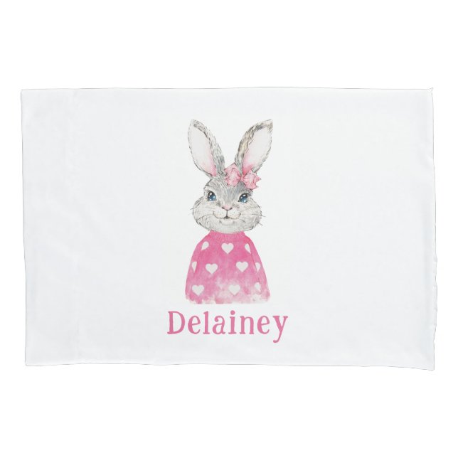 Preppy Pink Heart Bow Bunny Personalised Pillowcase (Front)