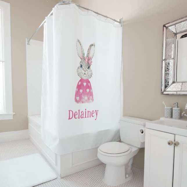 Preppy Pink Heart Bow Bunny Personalised Shower Curtain (In Situ)