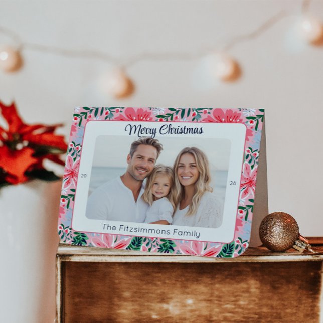 Preppy Pink Holiday Floral Photo Card (Pink Tropical Floral Folded  Christmas Card)