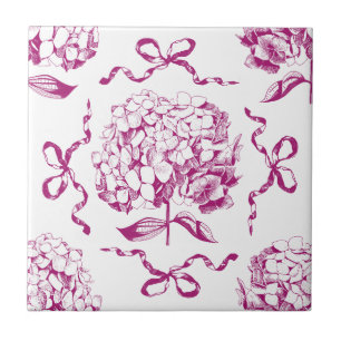 Preppy Pink Hydrangea Bow Seamless Toile Pattern Ceramic Tile