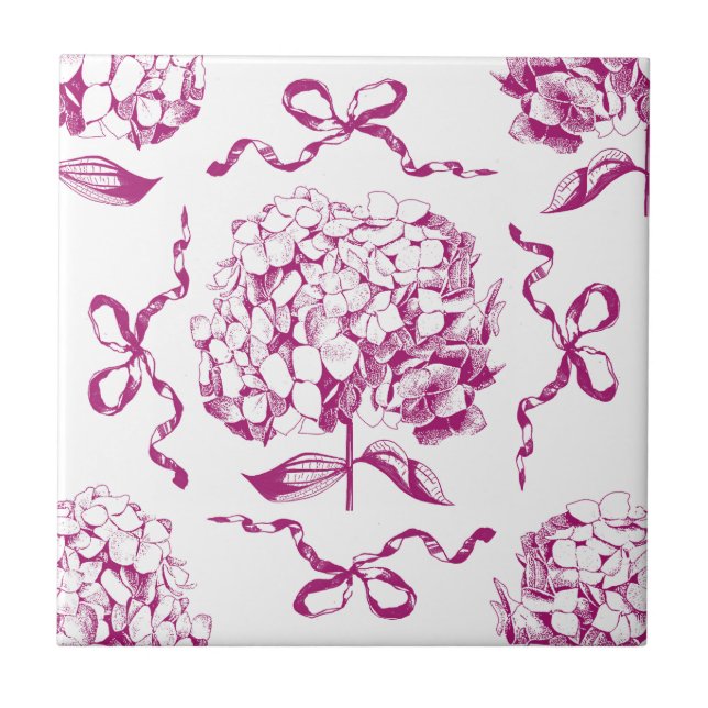 Preppy Pink Hydrangea Bow Seamless Toile Pattern Ceramic Tile (Front)
