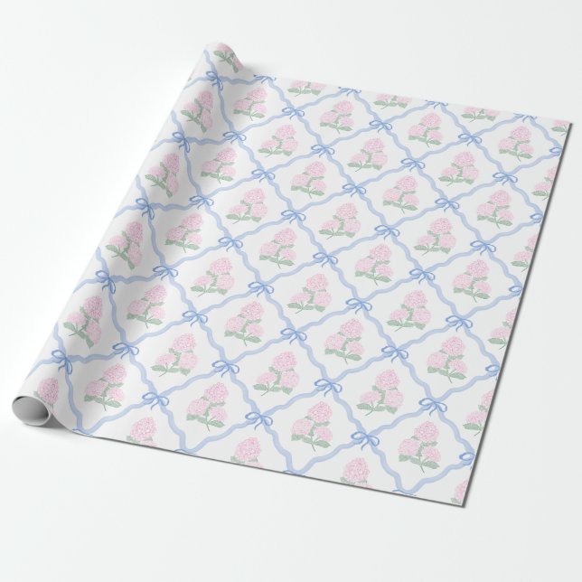 Preppy Pink Hydrangea with Blue Bow Trellis Wrapping Paper (Unrolled)