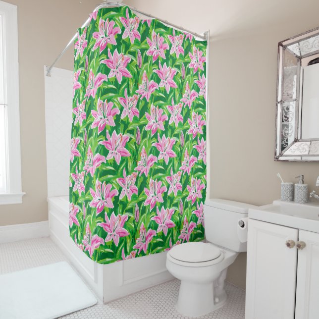 Preppy Pink Lily Floral Chic Botanical Bathroom  Shower Curtain (In Situ)