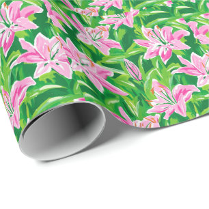 Preppy Pink Lily Floral Chic Botanical Gift Wrapping Paper