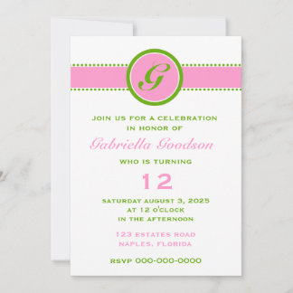 Preppy Pink & Lime Green Monogram Striped Surprise Invitation