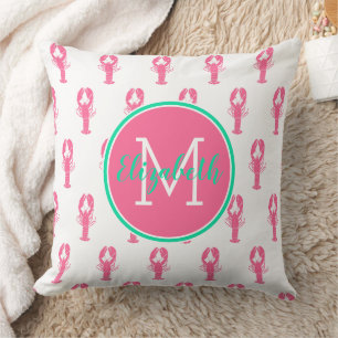 Preppy Pink Lobsters on White Monogram Cushion