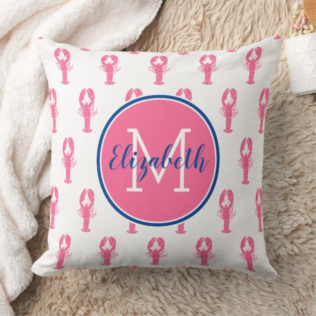 Preppy Pink Lobsters on White With Navy Monogram Cushion (Blanket)