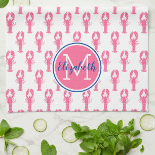 Preppy Pink Lobsters on White With Navy Monogram Tea Towel