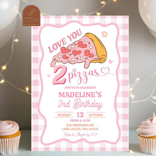 Preppy Pink Love You Two Pizza Party Birthday Invitation (Creator Uploaded)