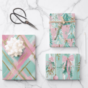 Preppy Pink Mint Gold Glitter Christmas Trees Bows Wrapping Paper Sheet